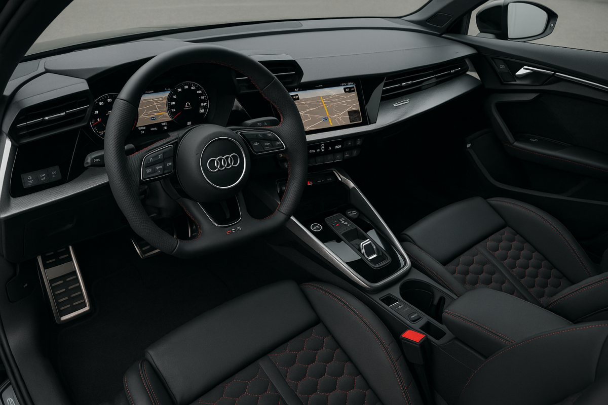 Audi RS 3 Sportback noire au coucher de soleil